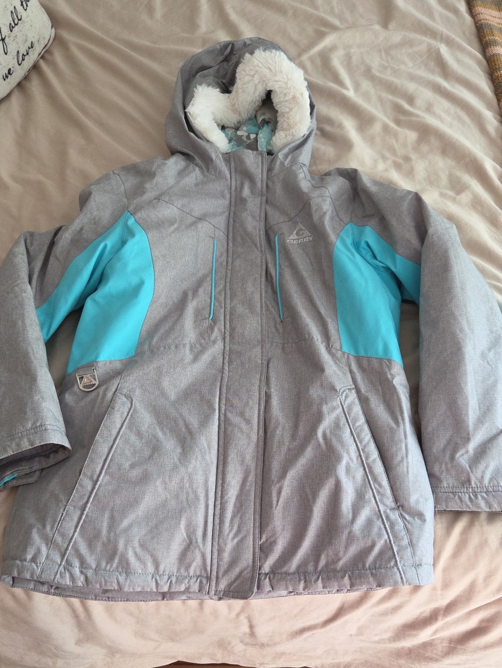Gerry Weber Girls Gray Jacket with Teal Panels and Faux-Sherpa Hood